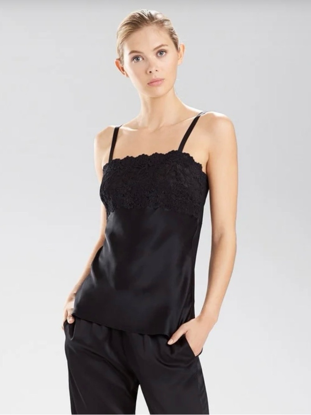 Josie Natori - Rose Parfait Silk Camisole with Lace in Black. Size Large